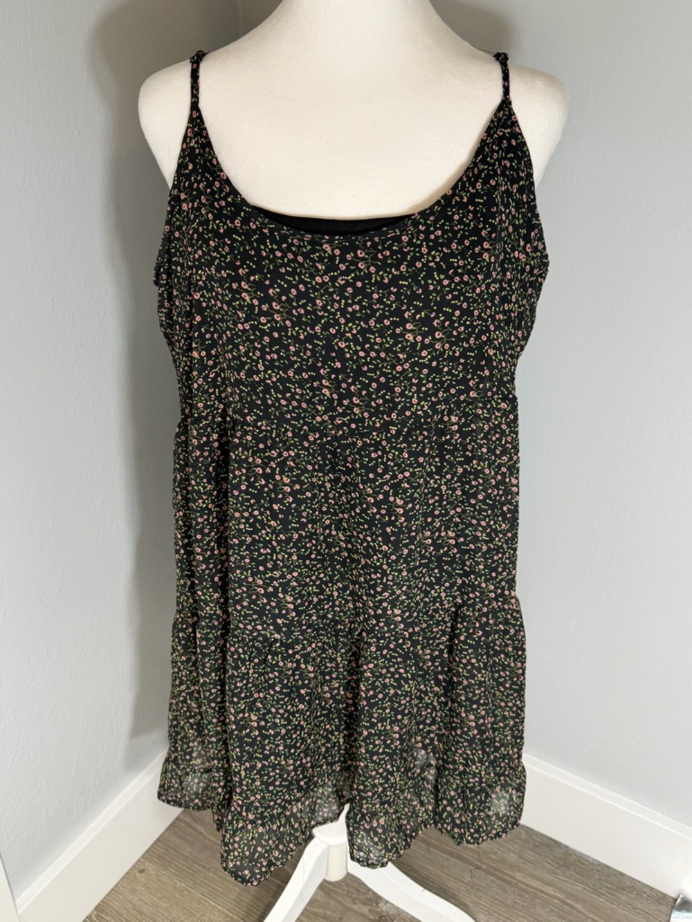 ADAM LEVINE Collection Black Floral Spaghetti-Strap Camisole Dress Size XL